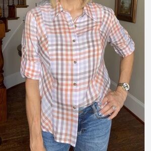 CAbi Legacy Plaid Checkered Button Down Top Roll Tab Sleeve Size M Style 4423